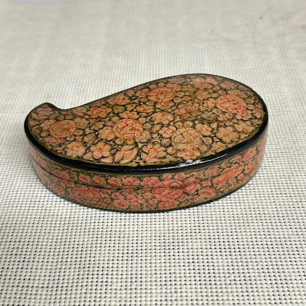 Vintage Tear Drop Shaped Paper Mache Box Hand Painted Florals Trinket Jewelry